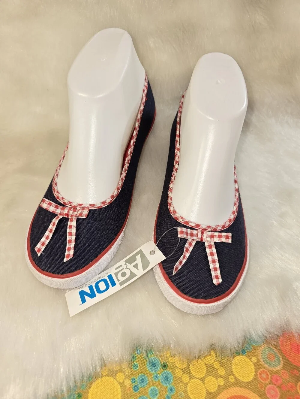 Lands End Girls Navy Canvas Ballet Flats with Red Gingham Trim & Bow